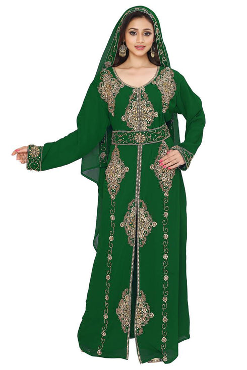 Dark Green color luxurious Full Sleeves Handmade Moroccan Kaftan Style Embroidered zari work hijab