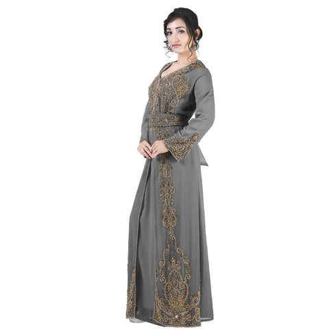 Grey color luxurious full sleeves Handmade Moroccan Kaftan with Sun-proof hiijab.