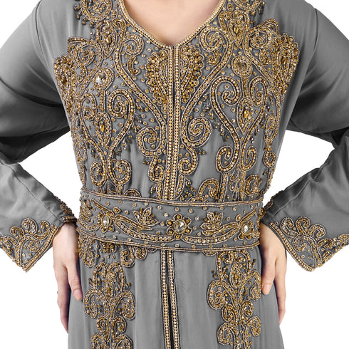 Grey color luxurious full sleeves Handmade Moroccan Kaftan with Sun-proof hiijab.