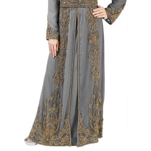 Grey color luxurious full sleeves Handmade Moroccan Kaftan with Sun-proof hiijab.