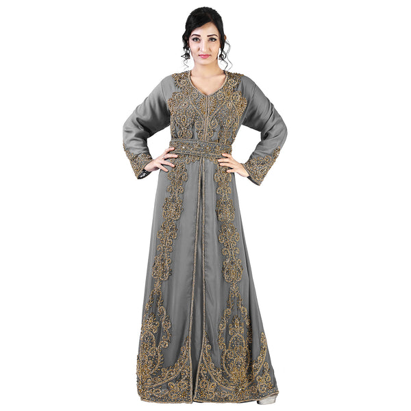 Grey color luxurious full sleeves Handmade Moroccan Kaftan with Sun-proof hiijab.