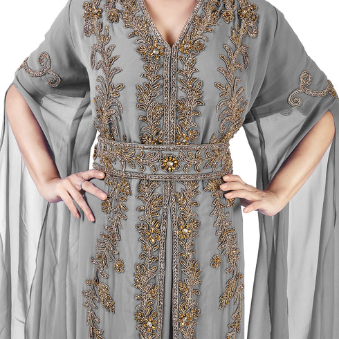 Grey color luxurious Long Sleeves Handmade Moroccan Kaftan Embroidered zari work hijab
