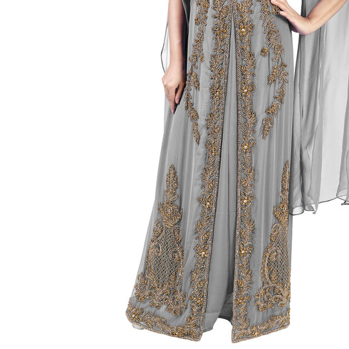Grey color luxurious Long Sleeves Handmade Moroccan Kaftan Embroidered zari work hijab