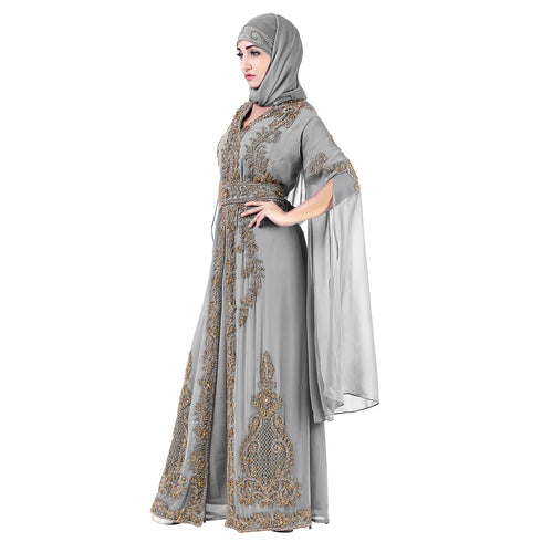 Grey color luxurious Long Sleeves Handmade Moroccan Kaftan Embroidered zari work hijab