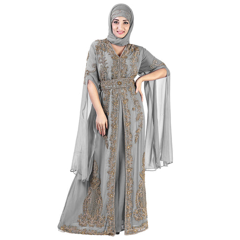 Grey color luxurious Long Sleeves Handmade Moroccan Kaftan Embroidered zari work hijab