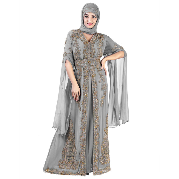 Grey color luxurious Long Sleeves Handmade Moroccan Kaftan Embroidered zari work hijab