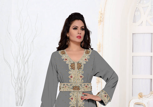 Gray color luxurious Full Sleeves Handmade Moroccan Kaftan.