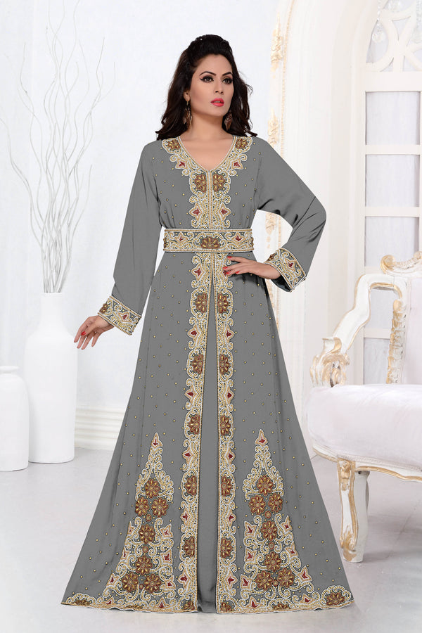 Gray color luxurious Full Sleeves Handmade Moroccan Kaftan.