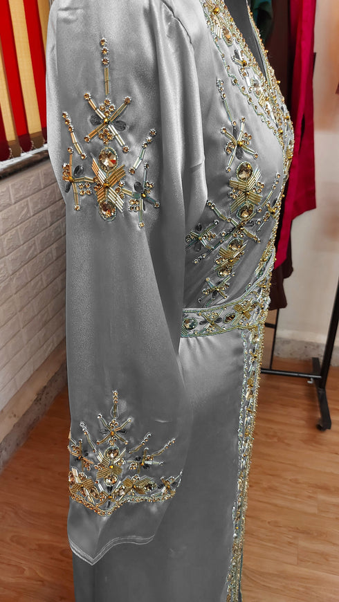 Grey inner light gold color luxurious Full Sleeves Handmade Moroccan Kaftan.