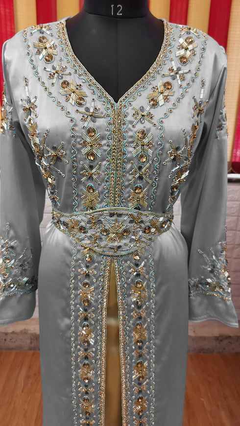 Grey inner light gold color luxurious Full Sleeves Handmade Moroccan Kaftan.