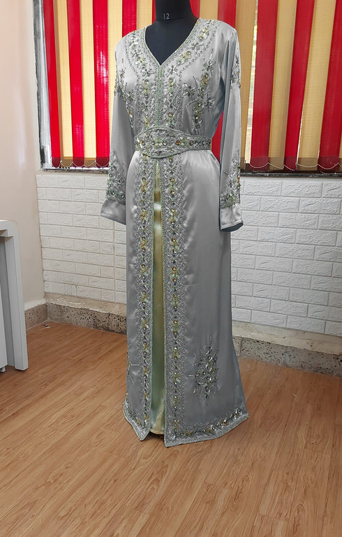 Grey inner light gold color luxurious Full Sleeves Handmade Moroccan Kaftan.