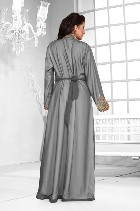 Grey & White color luxurious Full Sleeves Handmade Moroccan Kaftan .