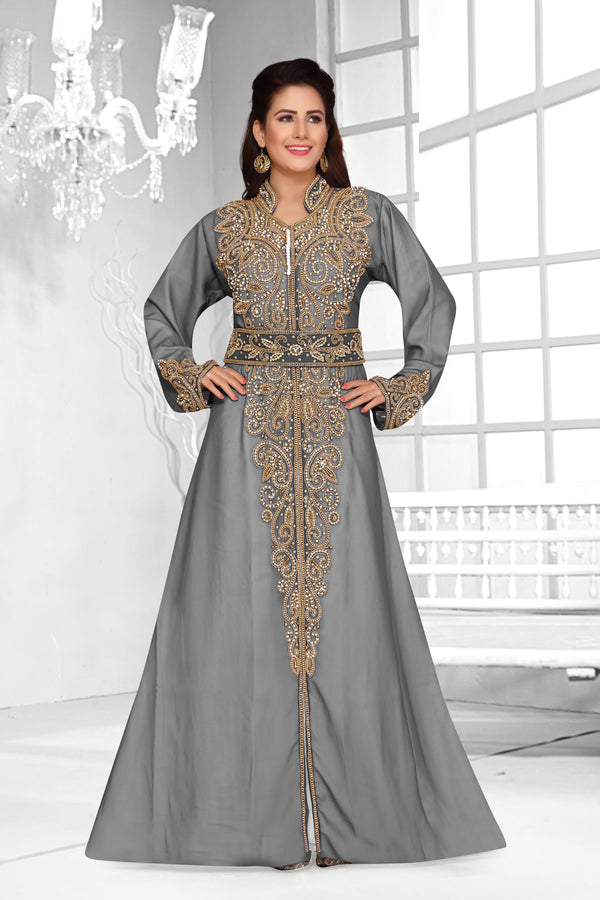 Grey & White color luxurious Full Sleeves Handmade Moroccan Kaftan .