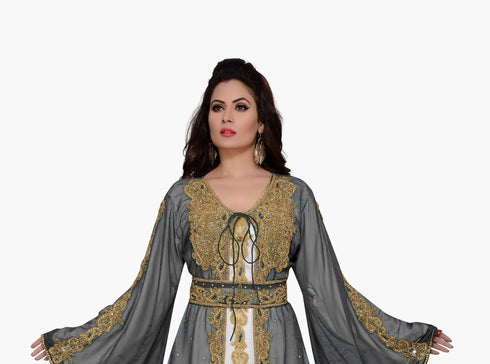 Grey & white color luxurious Handmade Moroccan Kaftan with hijab