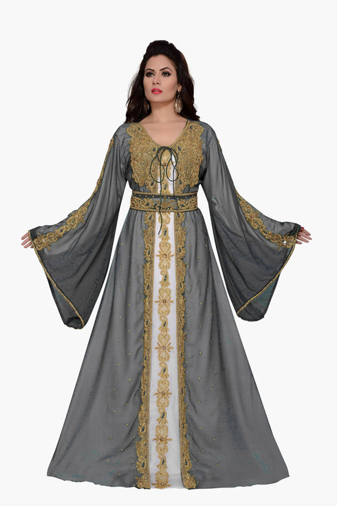 Grey & white color luxurious Handmade Moroccan Kaftan with hijab
