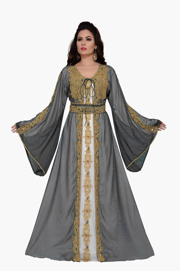 Grey & white color luxurious Handmade Moroccan Kaftan with hijab