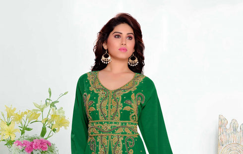 Dark-Green color luxurious Full Sleeves Handmade Moroccan Kaftan with hijjab