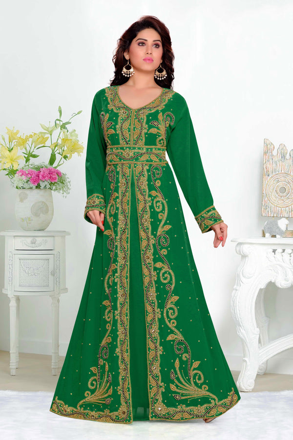 Dark-Green color luxurious Full Sleeves Handmade Moroccan Kaftan with hijjab