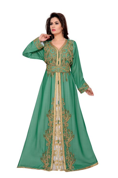 Green & White color luxurious Full Sleeves Handmade Moroccan Kaftan .