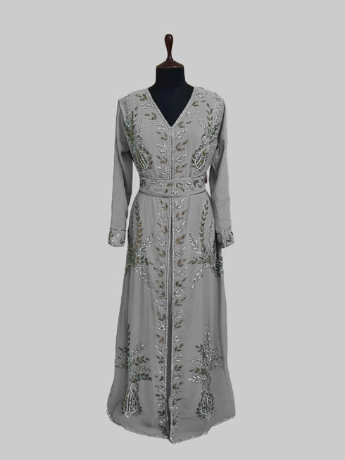Grey color luxurious Full Sleeves Handmade Moroccan Kaftan.