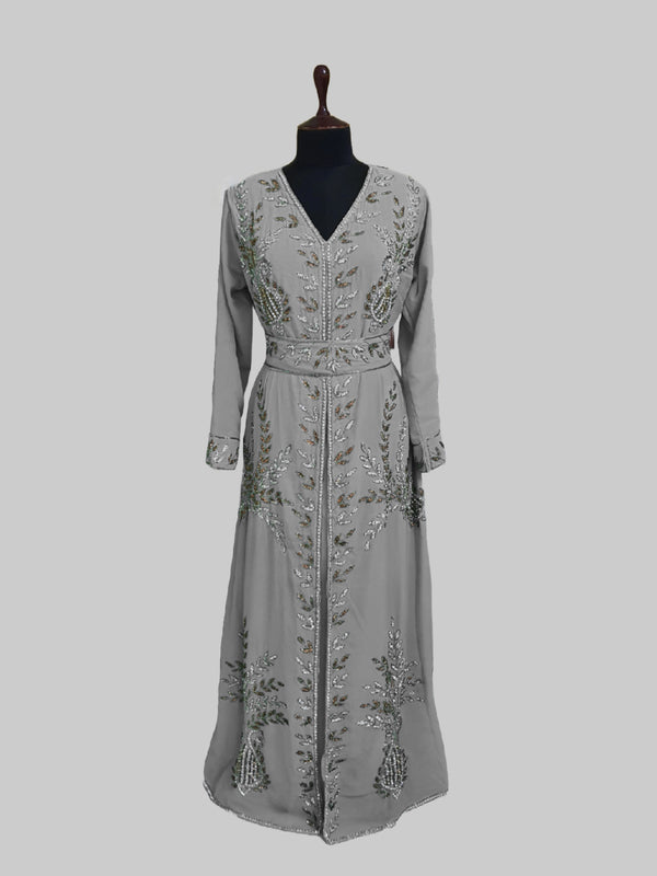 Grey color luxurious Full Sleeves Handmade Moroccan Kaftan.