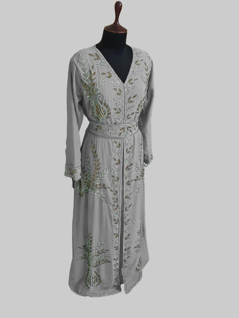 Grey color luxurious Full Sleeves Handmade Moroccan Kaftan.