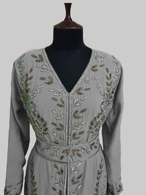 Grey color luxurious Full Sleeves Handmade Moroccan Kaftan.