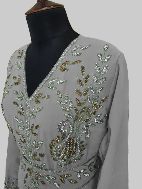 Grey color luxurious Full Sleeves Handmade Moroccan Kaftan.