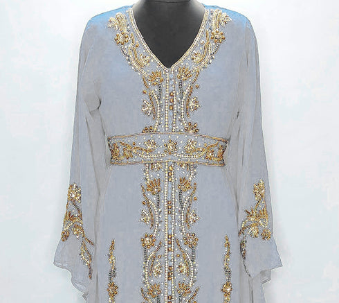 Elegant Light Grey Moroccan Kaftan with Gold & Copper Beadwork | Luxury Event Dress