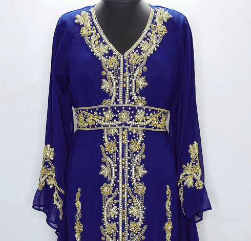 Navy Blue Copper beads luxurious Moroccan Kaftan With Sun-proof hijab.