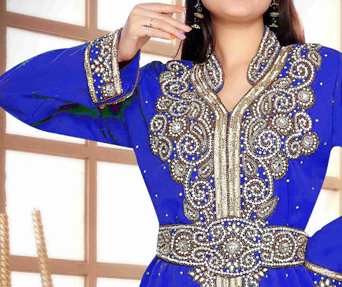 Royal-Blue color luxurious Handmade Moroccan Kaftan with hijjab