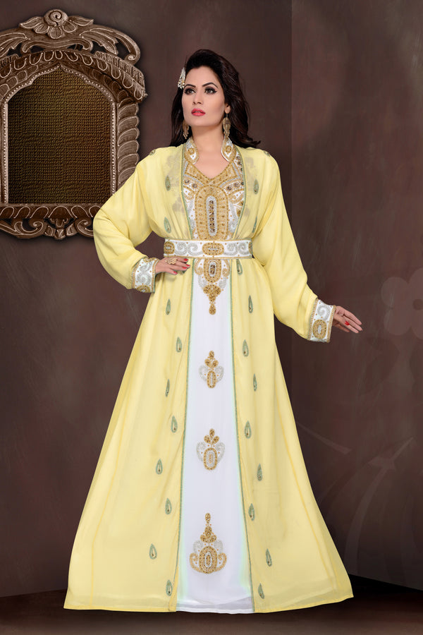 Yellow & White color luxurious Full Sleeves Handmade Moroccan Kaftan .