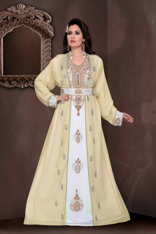 Beige & White color luxurious Full Sleeves Handmade Moroccan Kaftan .