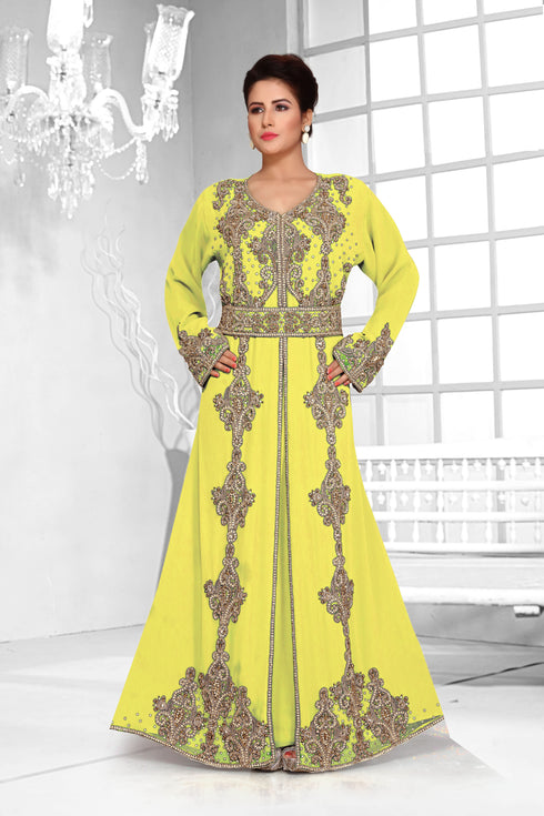 Yellow color luxurious Full Sleeves Handmade Moroccan Kaftan .