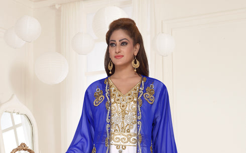 Royal Blue & White color luxurious Full Sleeves Handmade Two Piece Jacket Style Moroccan Kaftan.