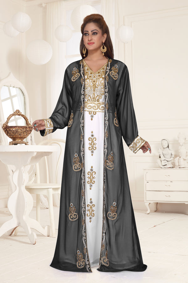 Black & White color luxurious Full Sleeves Handmade Two-Piece Jacket Style Moroccan Kaftan.