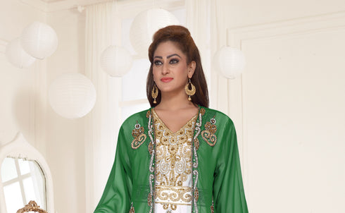 Dark Green & White color luxurious Full Sleeves Handmade Two Piece Jacket Style Moroccan Kaftan.