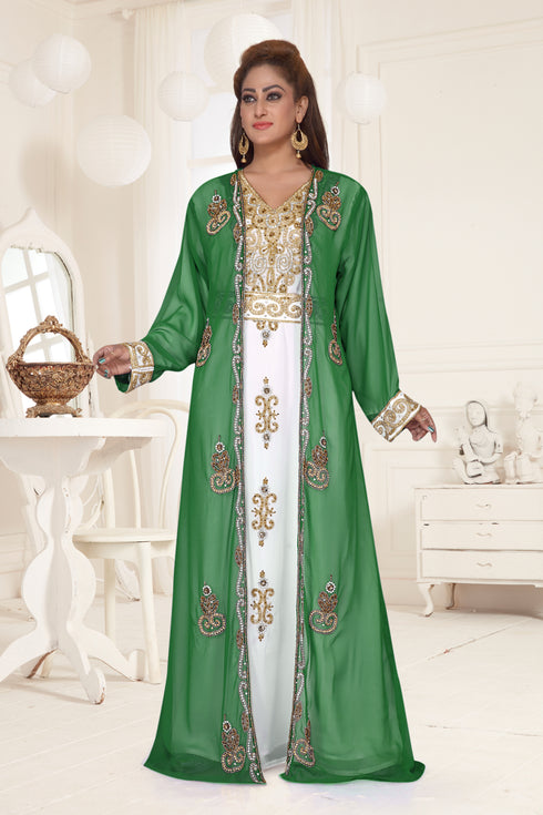 Dark Green & White color luxurious Full Sleeves Handmade Two Piece Jacket Style Moroccan Kaftan.