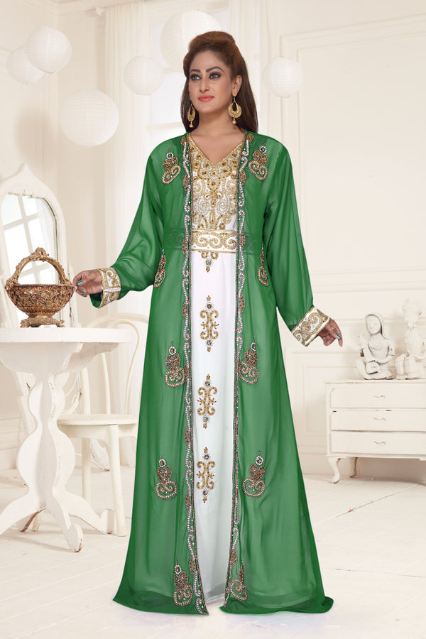 Dark Green & White color luxurious Full Sleeves Handmade Two Piece Jacket Style Moroccan Kaftan.