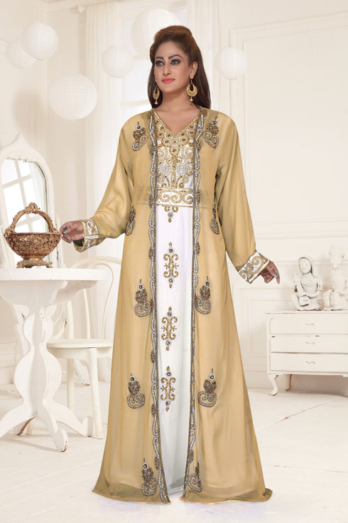 Beige & White color luxurious Full Sleeves Handmade Two-Piece Jacket Style Moroccan Kaftan.