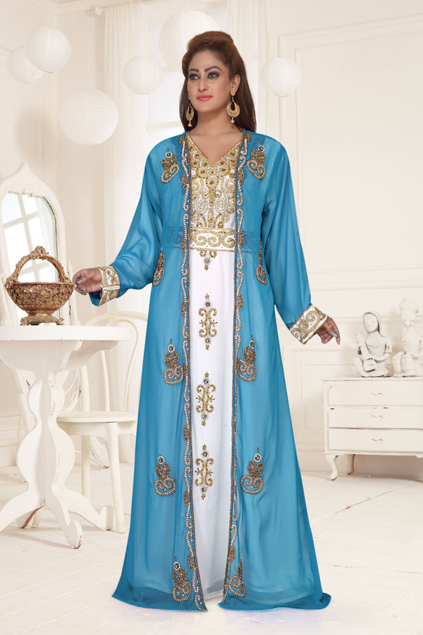 Cyan & White color luxurious Full Sleeves Handmade Two-Piece Jacket Style Moroccan Kaftan.