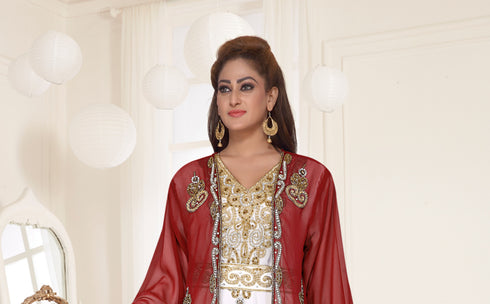 Maroon & White color luxurious Full Sleeves Handmade Two Piece Jacket Style Moroccan Kaftan.