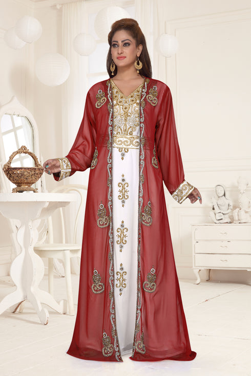 Maroon & White color luxurious Full Sleeves Handmade Two Piece Jacket Style Moroccan Kaftan.