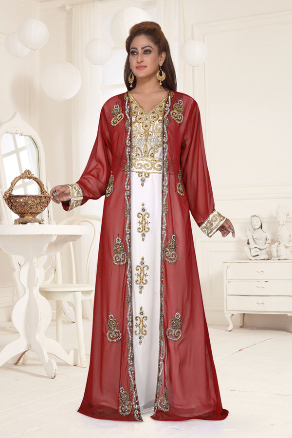 Maroon & White color luxurious Full Sleeves Handmade Two Piece Jacket Style Moroccan Kaftan.
