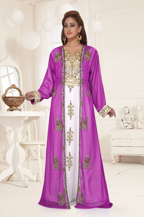 Purple & White color luxurious Full Sleeves Handmade Two Piece Jacket Style Moroccan Kaftan.