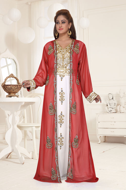 Red & White color luxurious Full Sleeves Handmade Two Piece Jacket Style Moroccan Kaftan.