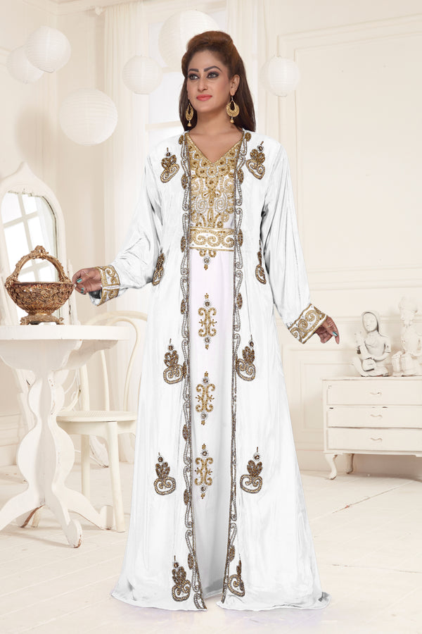 Off-White & White color luxurious Full Sleeves Handmade Two Piece Jacket Style Moroccan Kaftan.