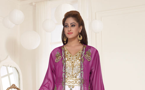 Wine & White color luxurious Full Sleeves Handmade Two Piece Jacket Style Moroccan Kaftan.