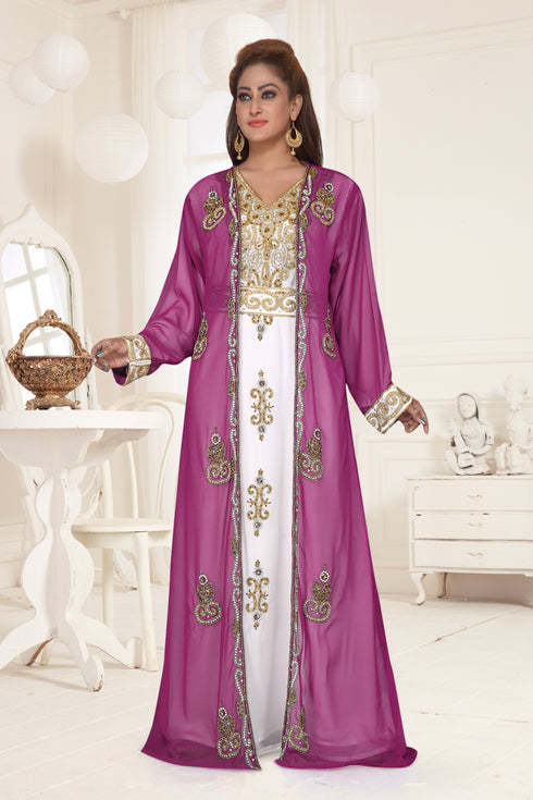 Wine & White color luxurious Full Sleeves Handmade Two Piece Jacket Style Moroccan Kaftan.