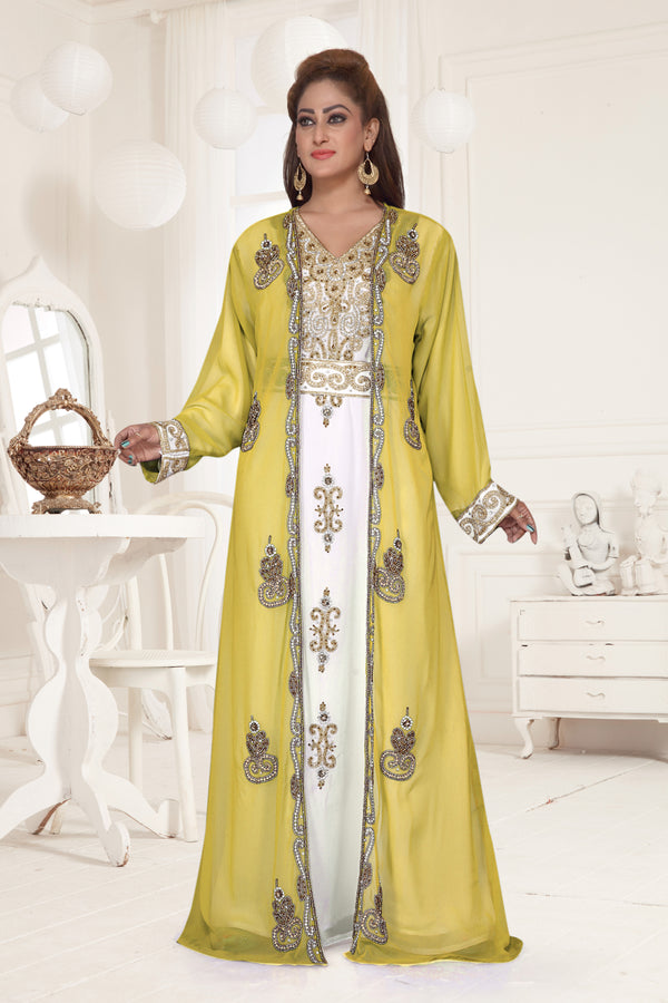 Yellow & White color luxurious Full Sleeves Handmade Two Piece Jacket Style Moroccan Kaftan.